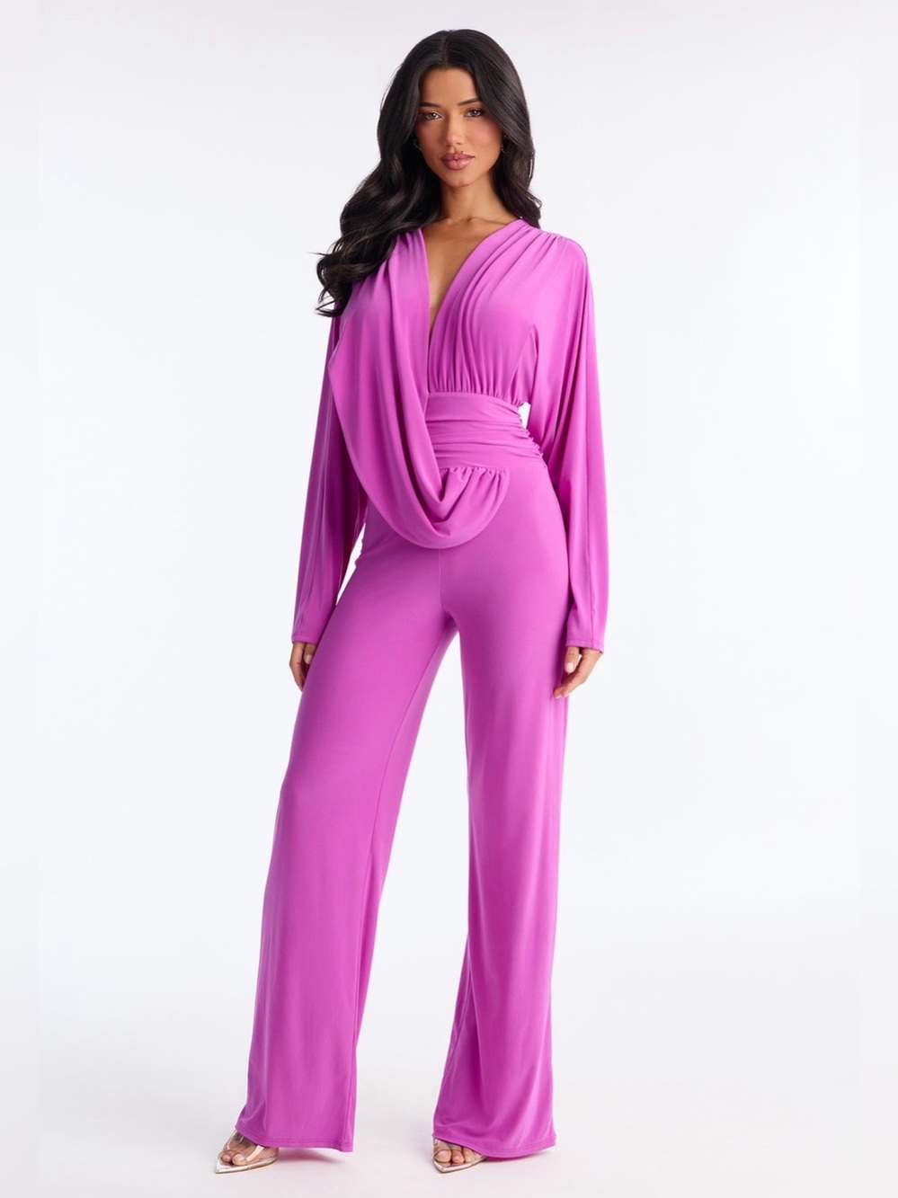 Fashion Nova Fuchsia Draped V-Neck Wide-Leg Jumpsuit XL